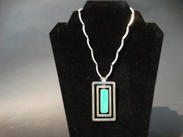 Mexican Modernist Chain and Framed Turquoise Pendant