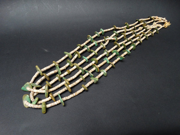 Rare Heishi Shell and Turquoise Triple Strand Necklace c 1900