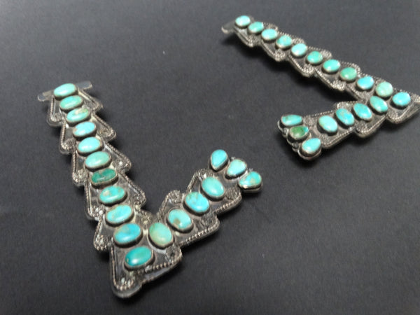 Navajo/Zuni "Grandmother" Silver and Turquoise Collar Tips c 1920s