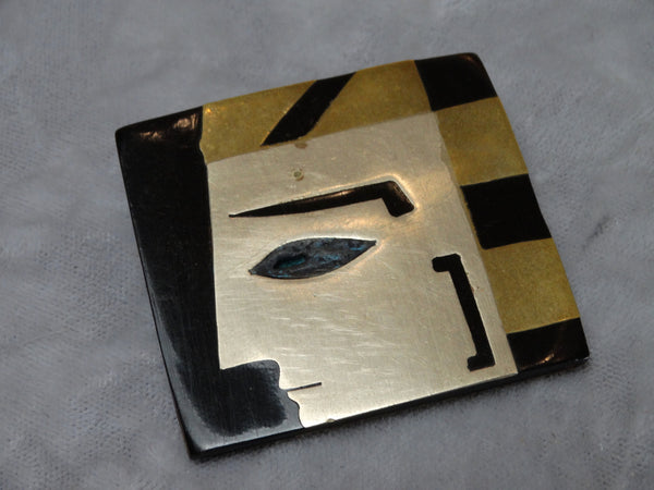 Mexican Silver Brass and Onyx Modernist Egyptian Brooch