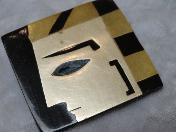 Mexican Silver Brass and Onyx Modernist Egyptian Brooch