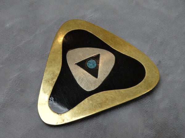 Mexican Mid-Century Silver Brass Ebony and Lapis Brooch