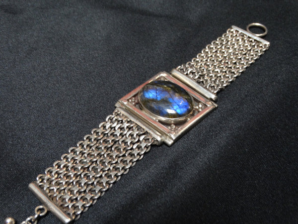 Mexican Silver Bracelet, Four Strands of Chain, One Large Opal