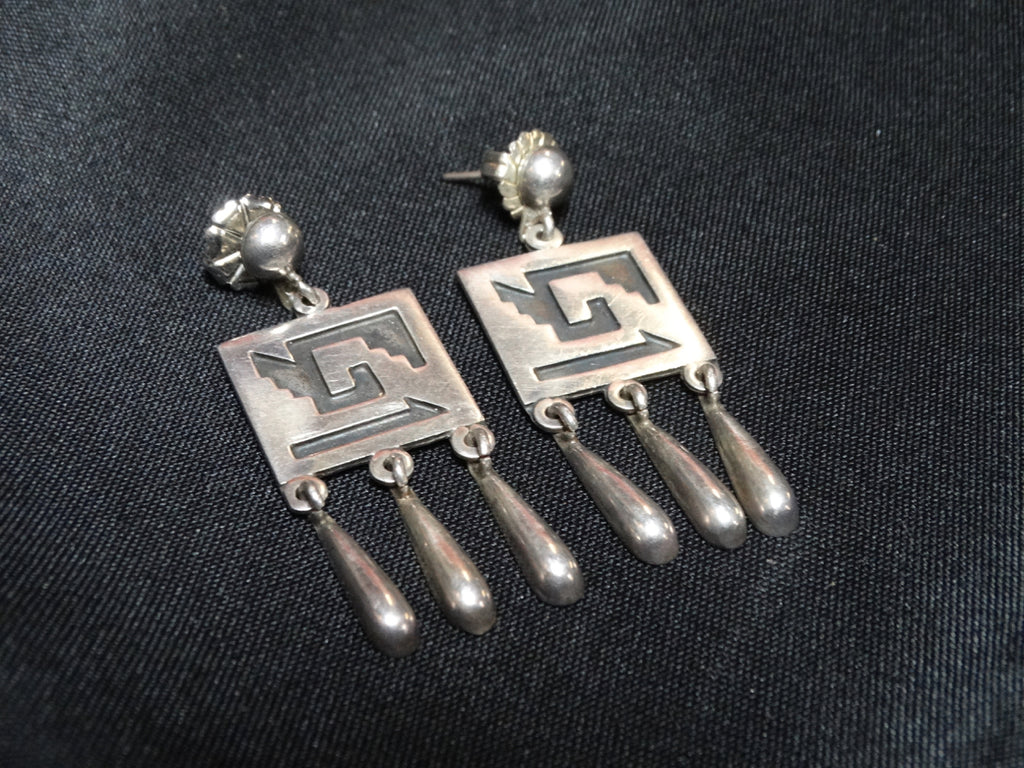 Mexican Silver Aztec Design Earrings c 1950