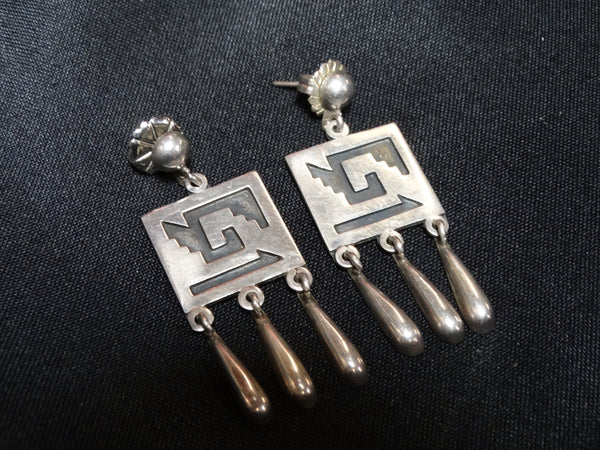 Mexican Silver Aztec Design Earrings c 1950