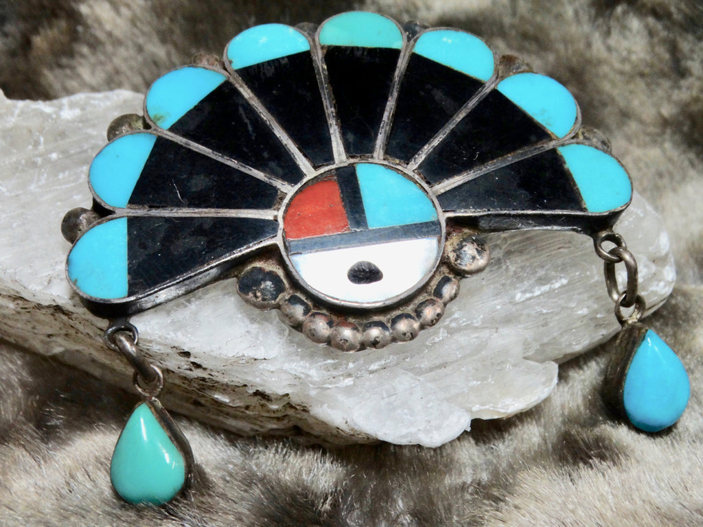 Hopi Pre WWII Silver, Turquoise, Ebony, Coral & Pearl Pin/Pendant