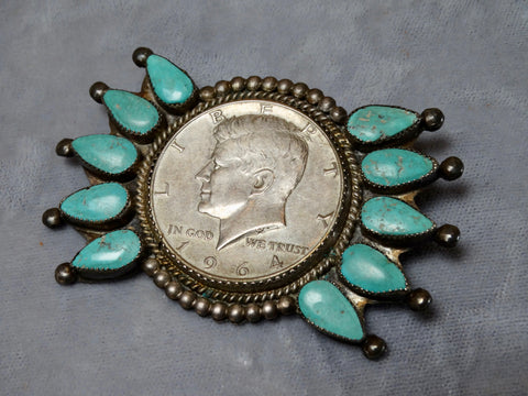 JFK Dollar Native American Ingot Silver and Turquoise Setting Pin/Pendant