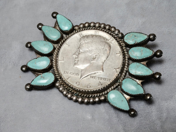 JFK Dollar Native American Ingot Silver and Turquoise Setting Pin/Pendant