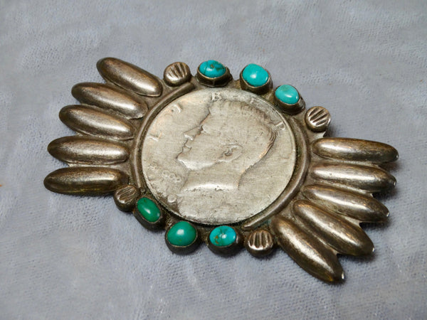 Native American Ingot Silver and Turquoise JFK Coin Pendant/Pin