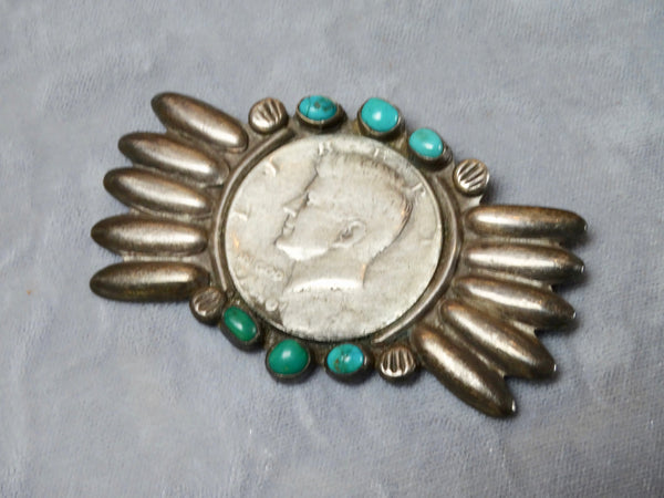 Native American Ingot Silver and Turquoise JFK Coin Pendant/Pin