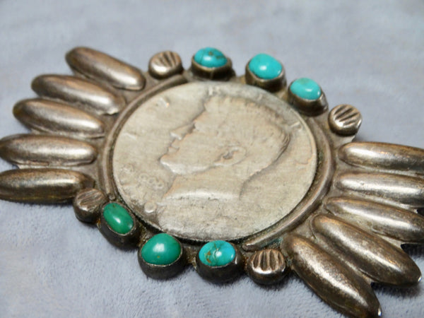 Native American Ingot Silver and Turquoise JFK Coin Pendant/Pin