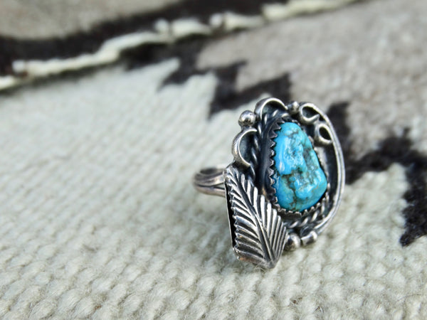 Navajo Turquoise and Silver Ring with Fancy Bezel