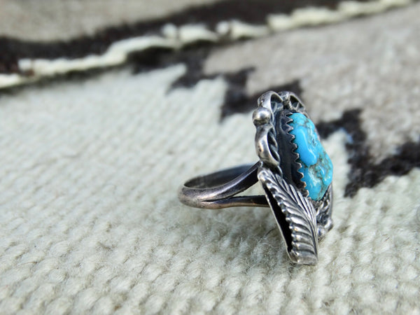 Navajo Turquoise and Silver Ring with Fancy Bezel