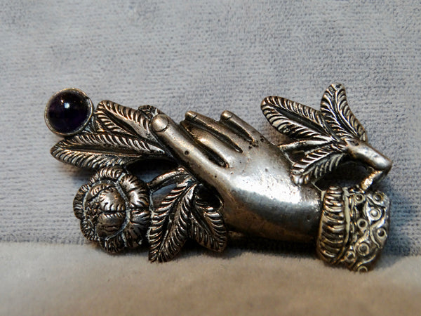 Victorian Hand Brooch with Amethyst