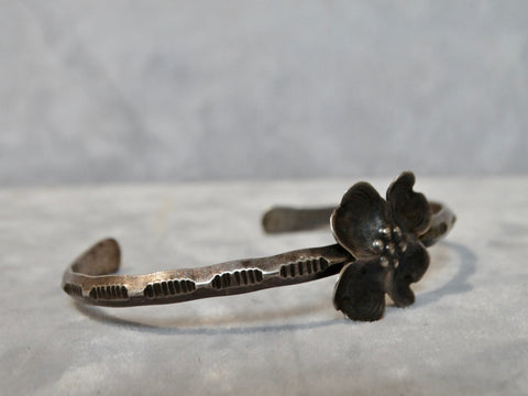 Navajo Silver Cuff with Four Petal Flower 1950s