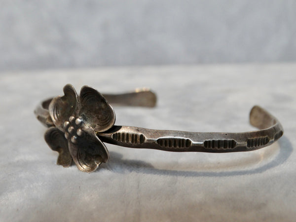 Navajo Silver Cuff with Four Petal Flower 1950s