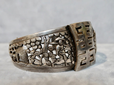 Chinese Silver Cuff with Ideogram and Peasant Scene in Relief c 1935