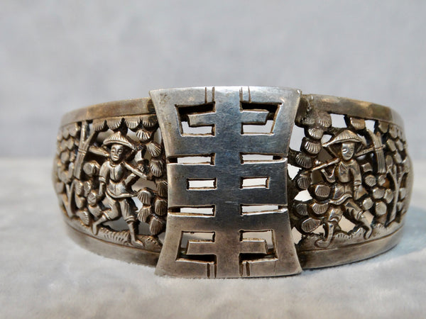 Chinese Silver Cuff with Ideogram and Peasant Scene in Relief c 1935