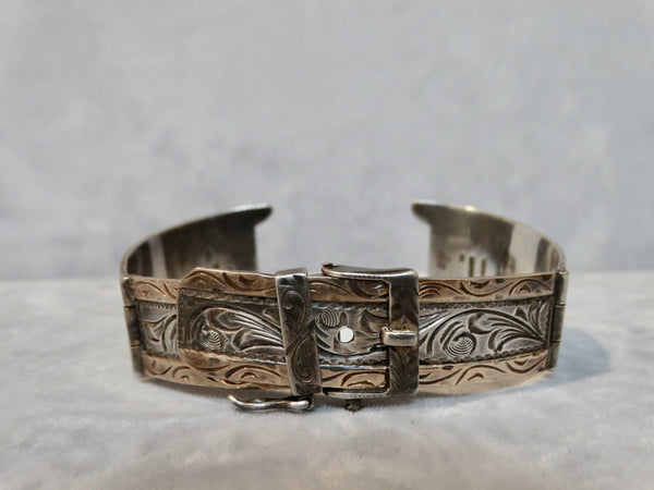 Mexican Silver GoldFilled Watch Band in the form of a Buckled Belt