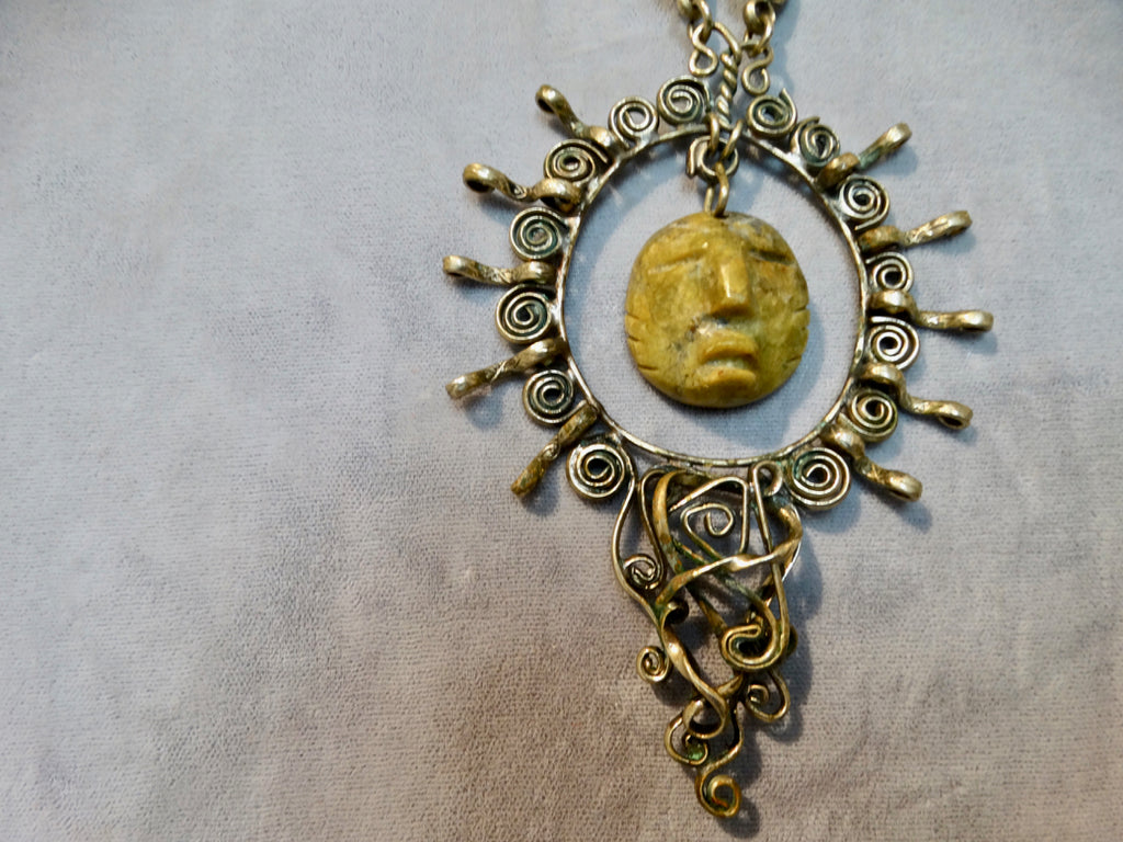 Silver Necklace and Jade Olmec Face Pendant 1970s
