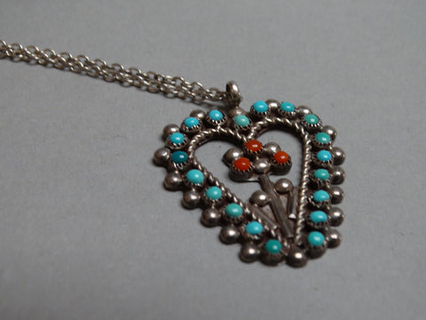 Zuni Turquoise, Coral and Silver Heart Pendant