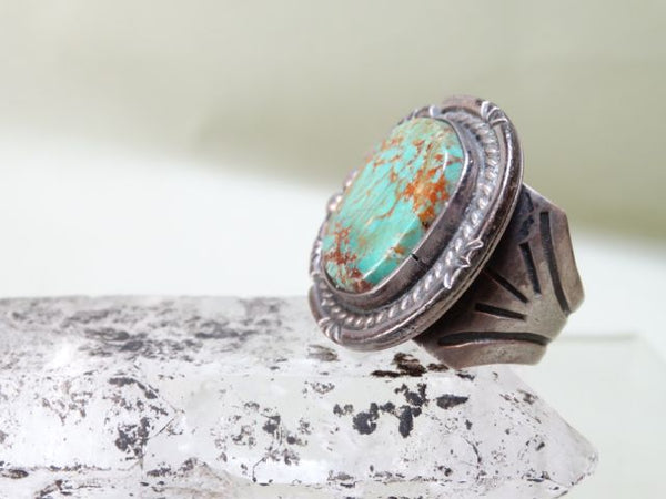Navajo Round Mined Turquoise and Silver Ring Size 9