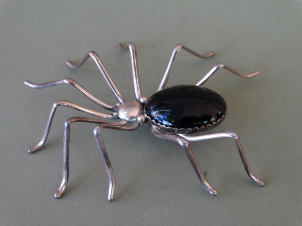 Navajo E. Spencer Silver and Onyx Spider Brooch J284