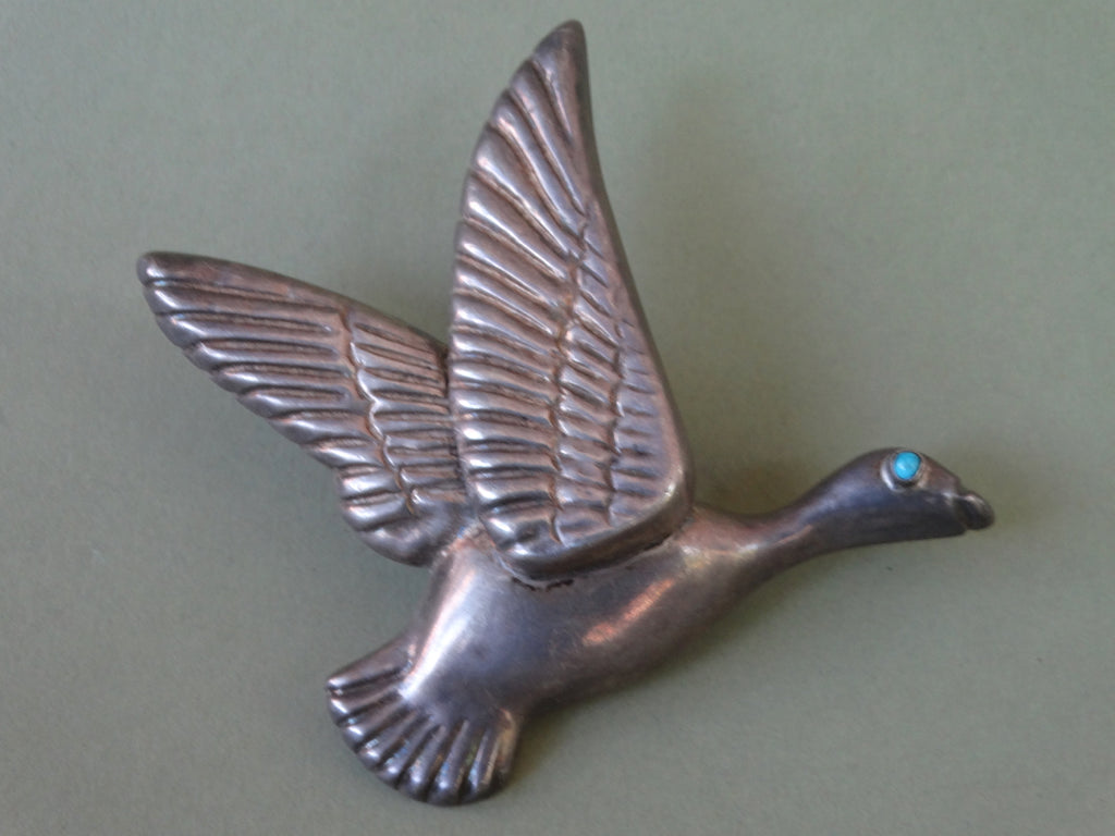 Mexican Silver Duck Brooch with Turquoise Eye