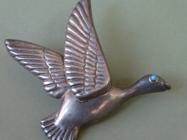 Mexican Silver Duck Brooch with Turquoise Eye