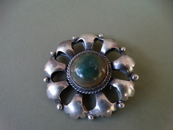 Mexican Silver and Jade Brooch