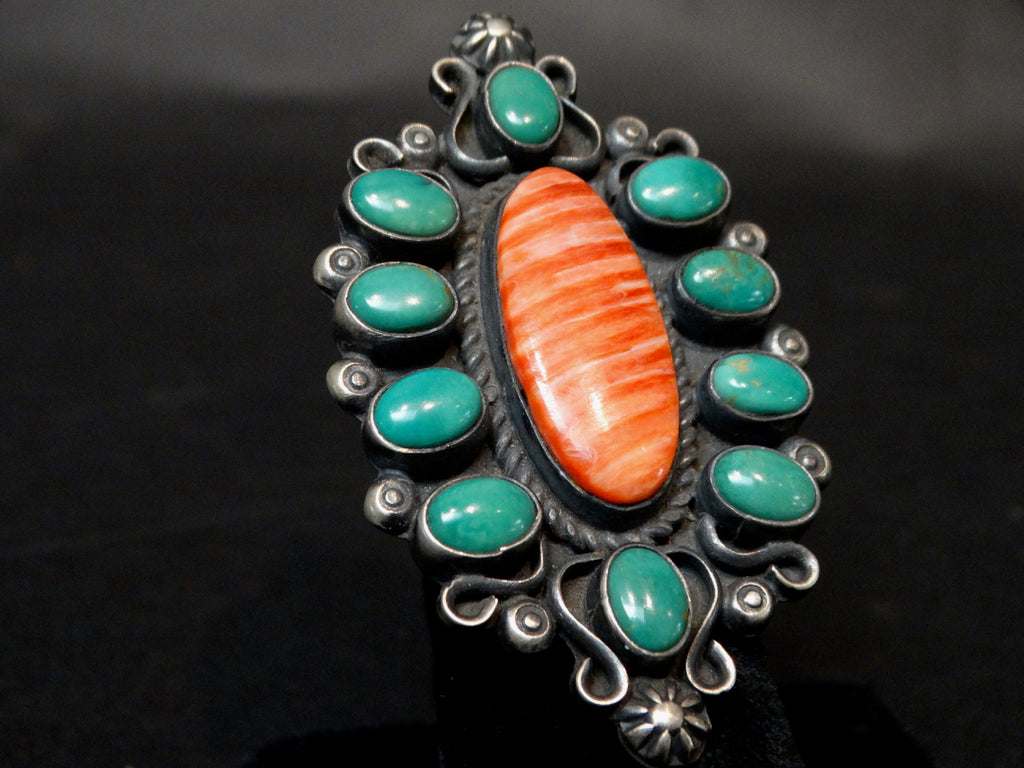 Navajo Silver Turquoise and Carnelian Ring Size 7 1/2