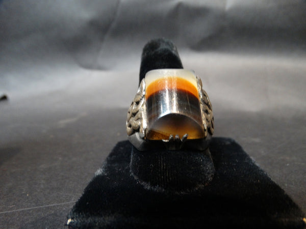 Agate and Silver and Gold Snake Ring Size 14.5 c 1950