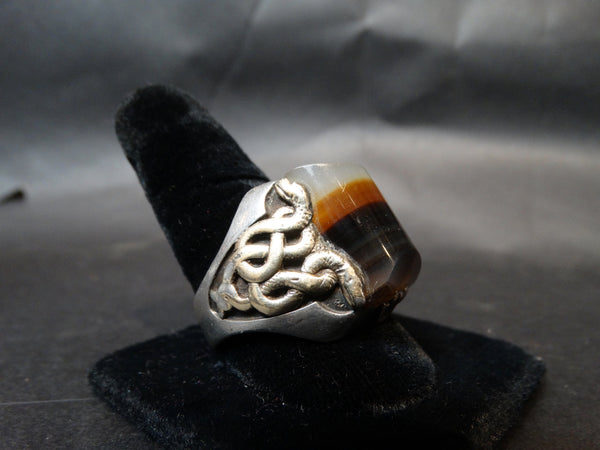 Agate and Silver and Gold Snake Ring Size 14.5 c 1950