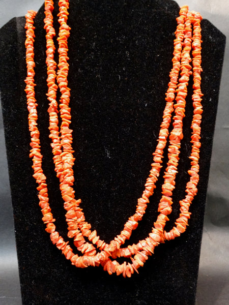 Navajo Heche Triple Strand Coral Necklace
