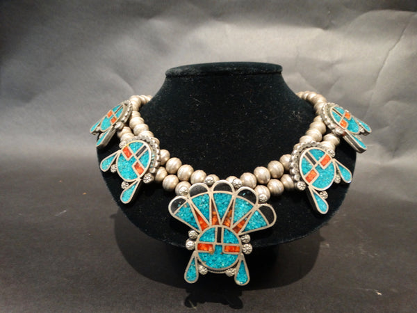 Zuni or Navajo Silver Turquoise Coral and Ebony Necklace c1950