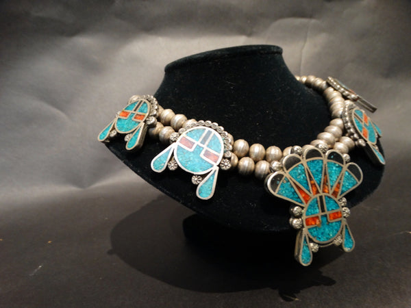 Zuni or Navajo Silver Turquoise Coral and Ebony Necklace c1950
