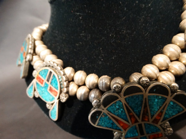 Zuni or Navajo Silver Turquoise Coral and Ebony Necklace c1950