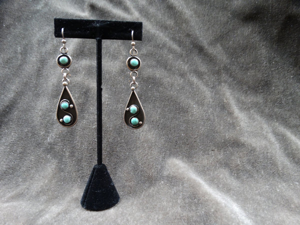 Navajo 3-stone Shadow Pendant Earrings Turquoise & Silver 1940s