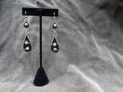 Navajo 3-stone Shadow Pendant Earrings Turquoise & Silver 1940s