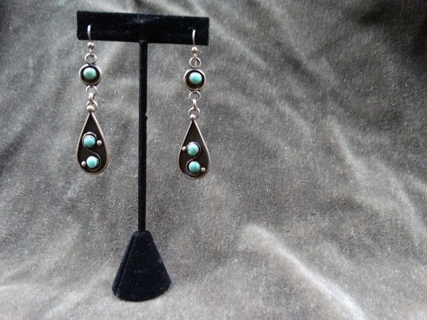 Navajo 3-stone Shadow Pendant Earrings Turquoise & Silver 1940s