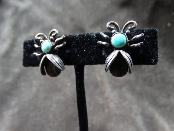 Navajo Ladybug Silver & Turquoise Earrings c 1940