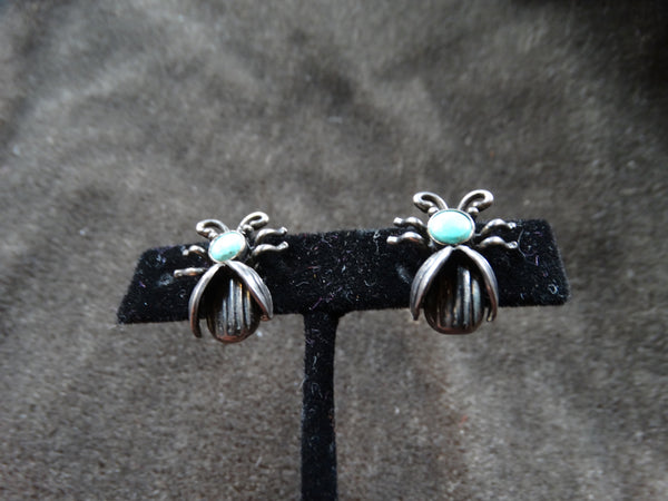 Navajo Ladybug Silver & Turquoise Earrings c 1940