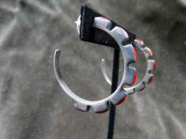 Navajo 7-stone Coral and Silver Hoop Earrings