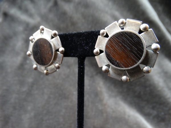 Mexican William Spratling Ranch Rosewood & Silver Aztec Sunburst Earrings Late 1950s