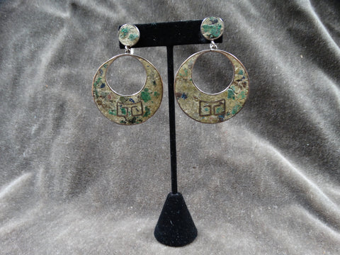 Los Castillo Jade Inlay Pendant Hoop Earrings 1960s