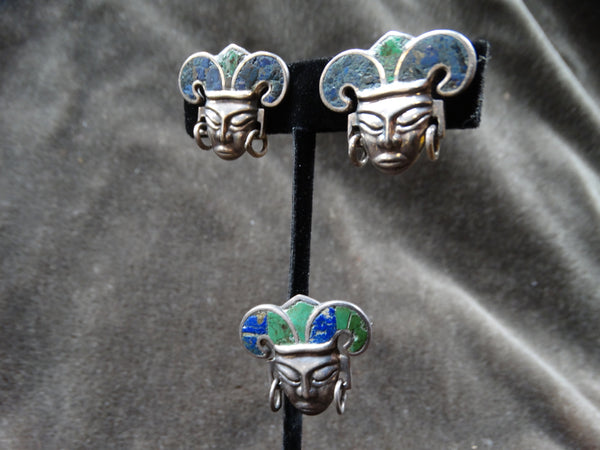 Los Castillo Warrior Earrings with matching Pendant Suite c 1950