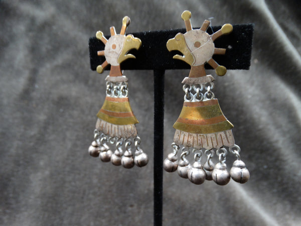 Los Castillo Mixed Metals Aztec Parrot Pendant Earrings c1950