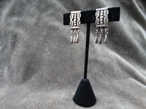 Taxco Mexican Silver Aztec Square Earrings with Triple Dangles c 1946