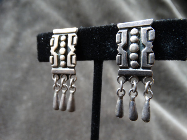 Taxco Mexican Silver Aztec Square Earrings with Triple Dangles c 1946