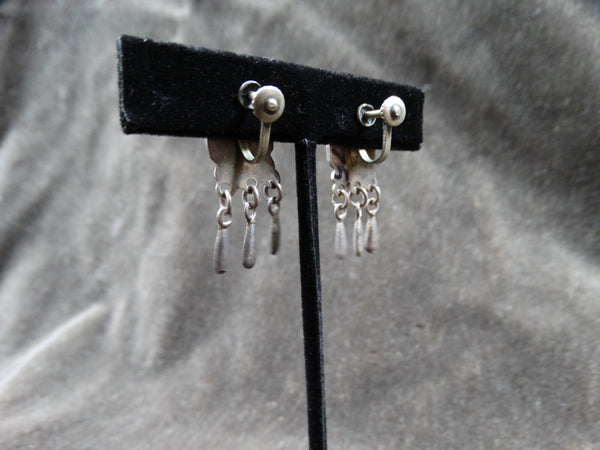 Taxco Mexican Silver Aztec Square Earrings with Triple Dangles c 1946